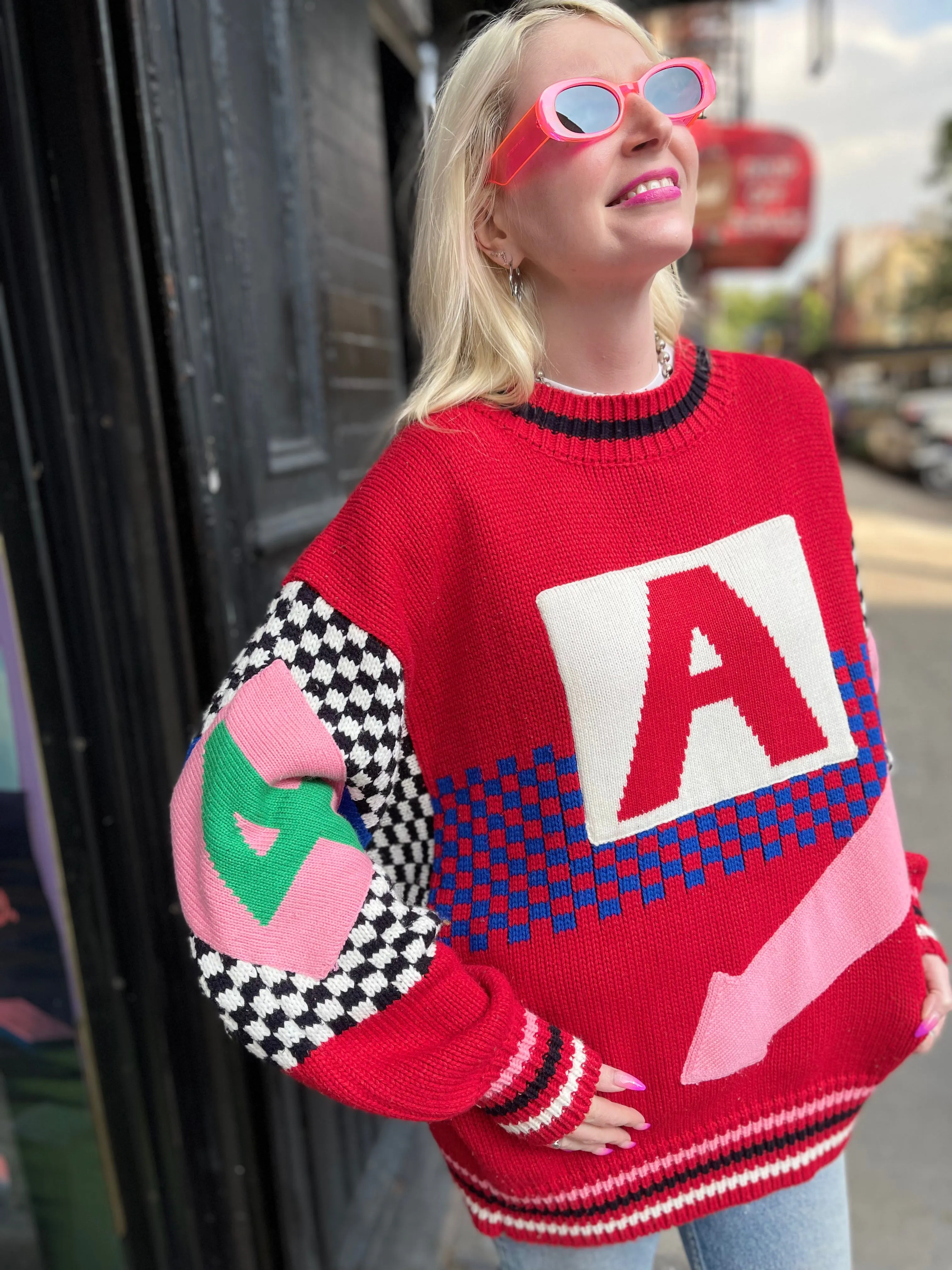 Vintage 80s Oversized Knit Red With Checkered Graphics