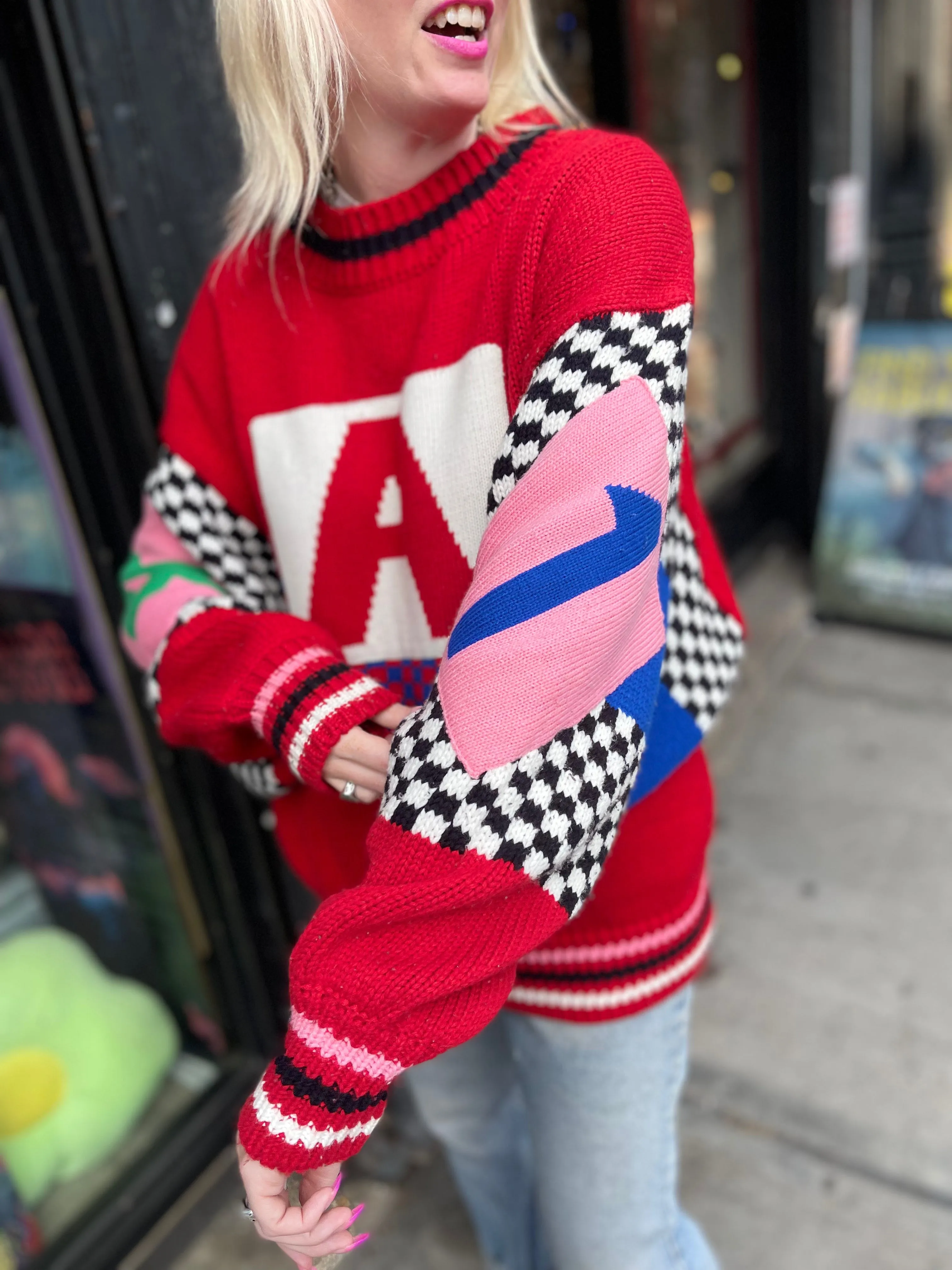 Vintage 80s Oversized Knit Red With Checkered Graphics