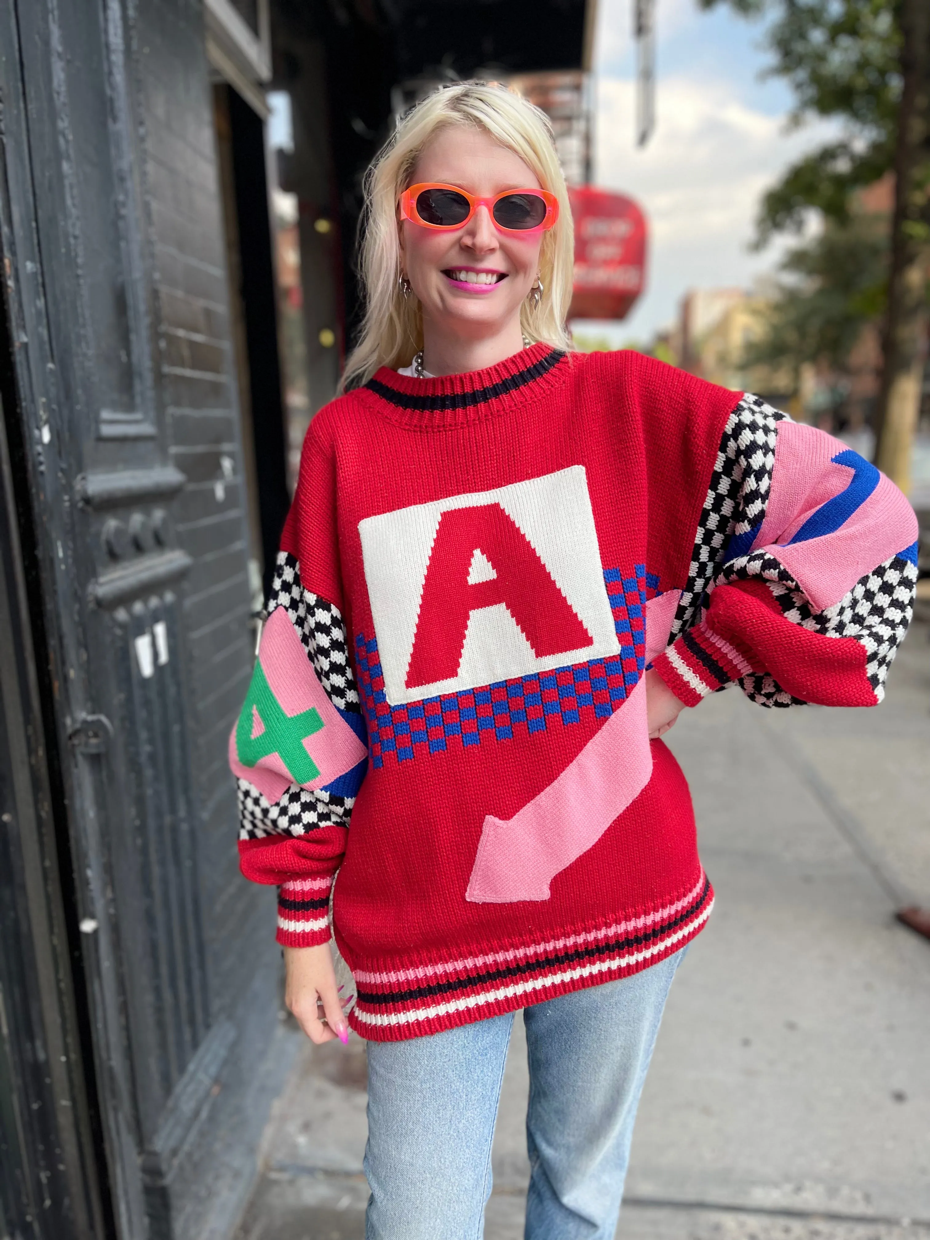 Vintage 80s Oversized Knit Red With Checkered Graphics