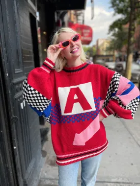 Vintage 80s Oversized Knit Red With Checkered Graphics