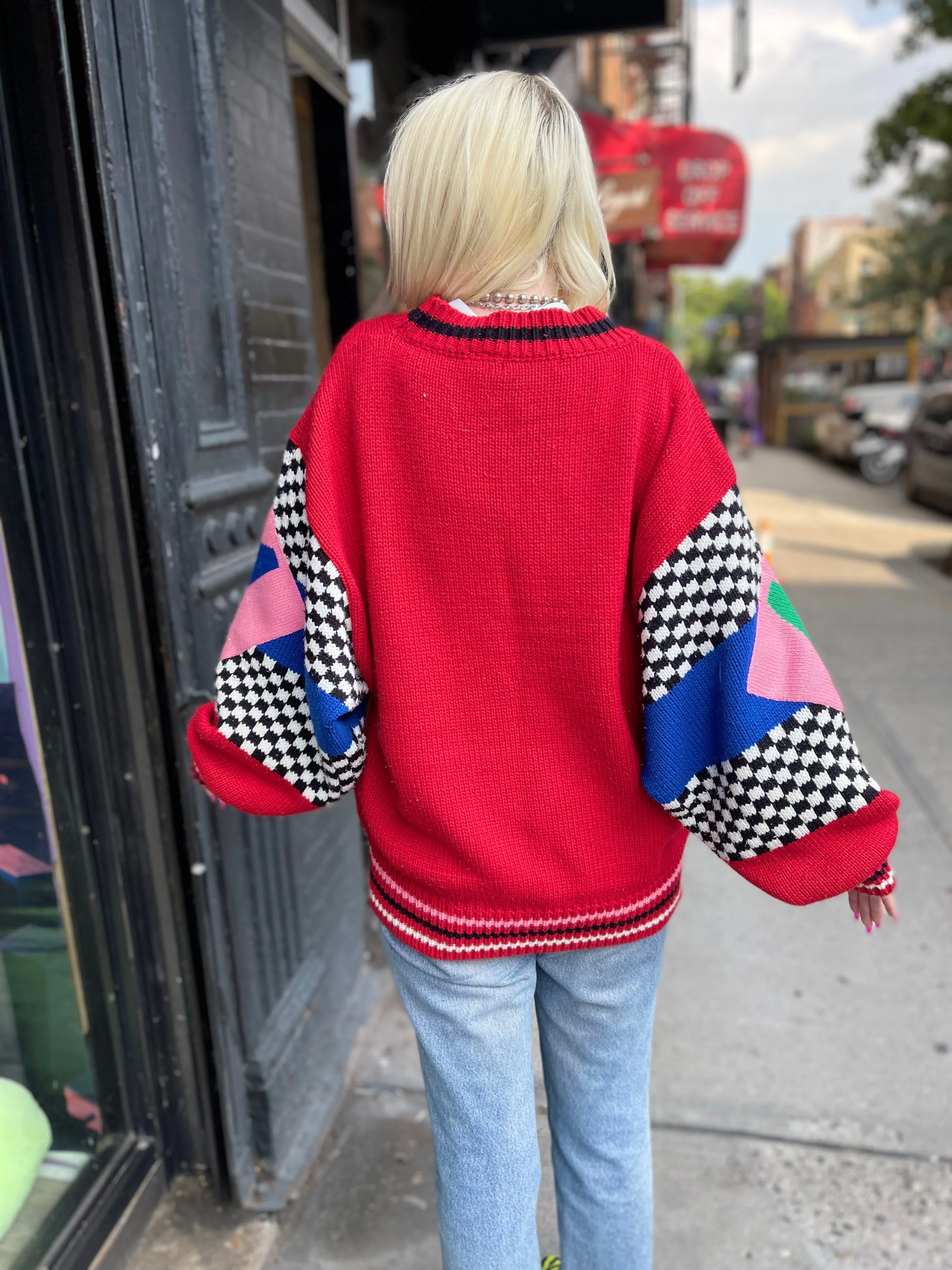 Vintage 80s Oversized Knit Red With Checkered Graphics