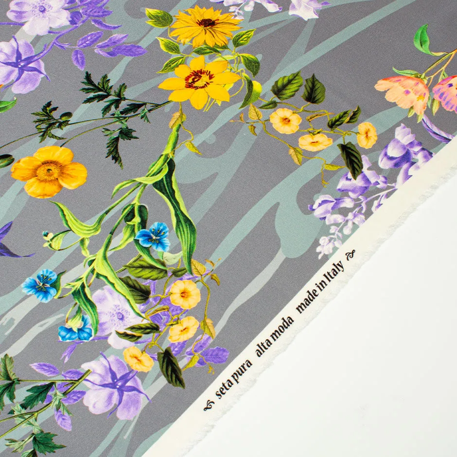 Wild Floral Printed Grey Pure Silk Crêpe