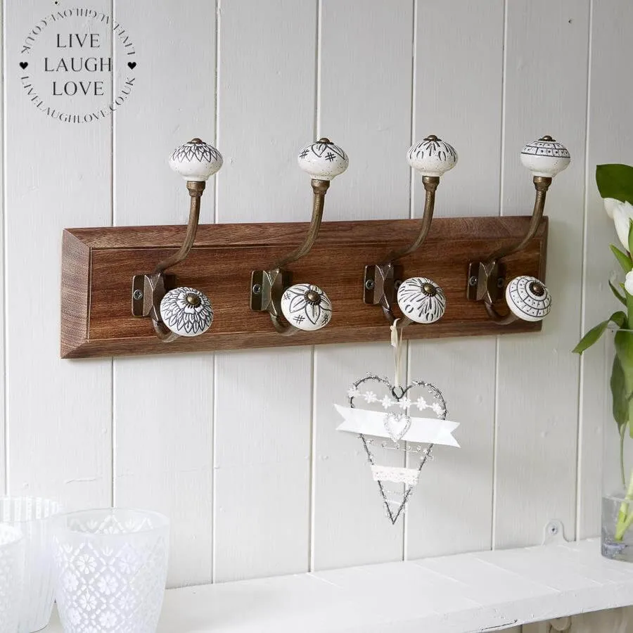 Wooden Backed Wall Hooks W/ Decorative Ceramic Knobs