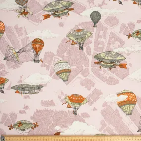 Woven Polyester Prints Design-3 Japanese Steampunk Airships on Baby Pink